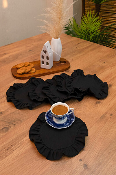 abidehanım Ruffle |   Black 6 Piece Ruffled Coffee Presentation Set 22 X 22