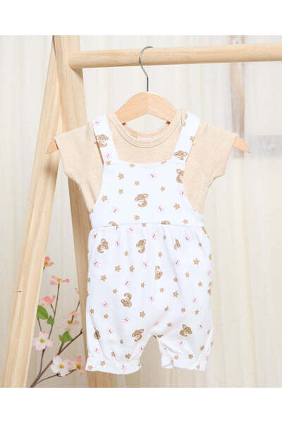 REDTAG Baby White Print Bodysuit And Dungaree Set (2 Piece)
