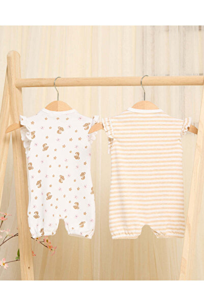 REDTAG Baby White And Ecru Printed Romper Suit Set (Pack of 2)