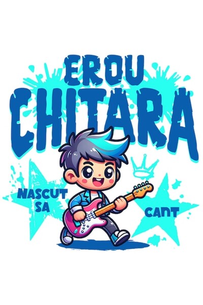 OEM Autocolant Băiat Rockstar cu Chitară Roșie, Text „Născut să cânte”, Margi...