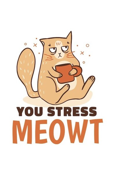 OEM Стикер — Ядосана котка с чаша за кафе, „Стресираш, мяукаш“, PVC винил, 23 см