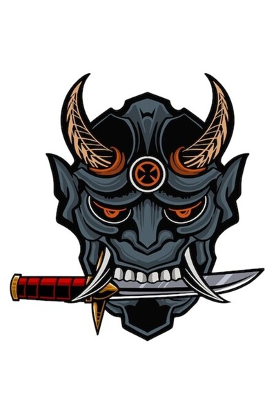 OEM Autocolant cu mască (Oni/Demon cu pumnal), margini albe, vinil PVC, 28 cm