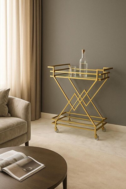 MERZANA Metal Servis ve Sunum Arabası, Gold Modern Metal Servis Arabası – Şık ve Dekoratif İçecek Arabası