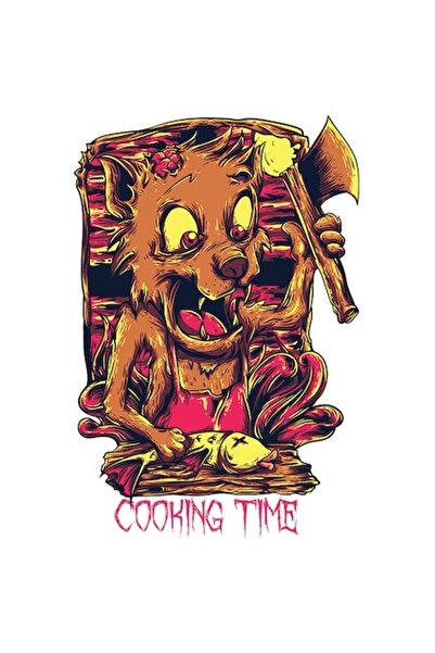 OEM Autocolant - Portret de pisică nebună cu topor și pește mort, „Timp de gă...