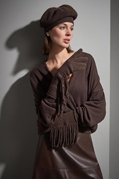 JOIN US Püsküllü Kahverengi Triko Eldiven