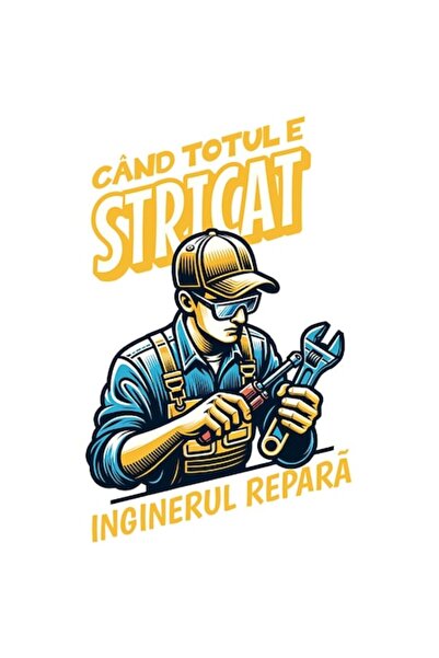 OEM Autocolant adeziv „Inginerul o repară” Bărbat cu cască, bordură albă, vin...