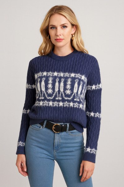 Minora Minoralady Women's Nordic Figure Pattern Knitwear Bearded Sweater Indigo