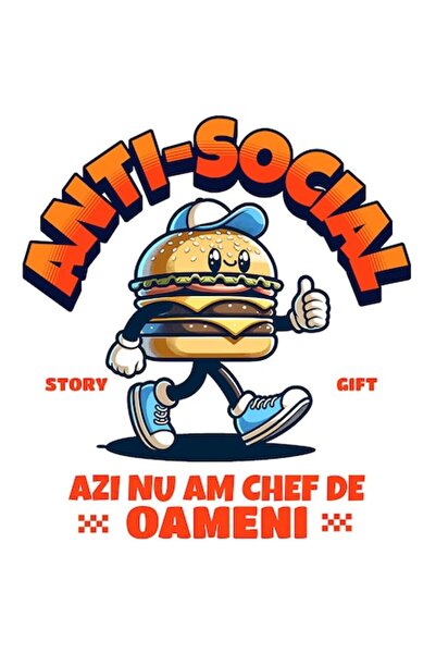 StoryGift Romania Sticker - Hamburger with Cap & Blue Sneakers, Text 'Anti-social: Today I'm Not in the Mood for Peopl