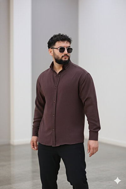 Bürke Ανδρικό πουκάμισο με μακρυμάνικο μπλε ναυτικό μισό oversized με υφή καλοκαιρινού λινό