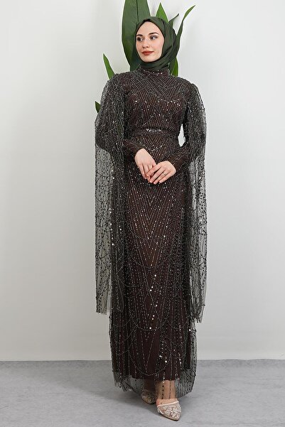 GİYZAMİLA Duru Taşlı Abiye Koyu Haki