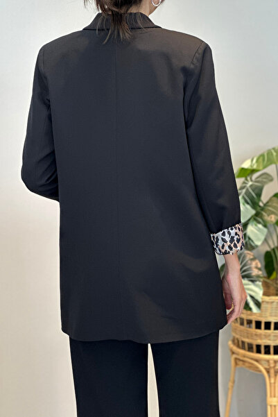 Lale Butik Women's Leopard Lining Detail Blazer Jacket 1156 Black