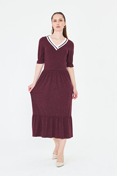 ESPİNA Women's Knitwear Banded V-Neck Short Sleeve Wool Viscose Dress