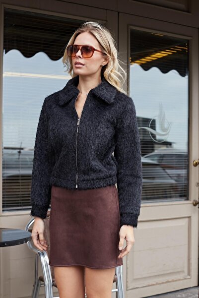 Jument Kadın Likralı Süet Kumaş Hafif Mini Fermuarlı Dİz Üstü Kalem Etek-Kahve