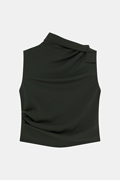 W Collection Khaki Sleeveless Degaje Collar Blouse