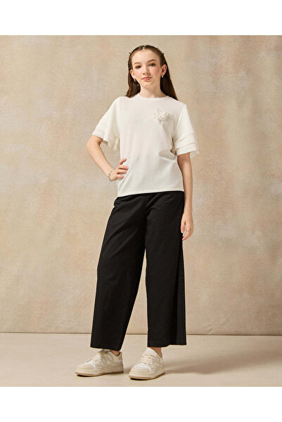 REDTAG Senior Girls White Ruffled Sleeve Embellished With Flower Top