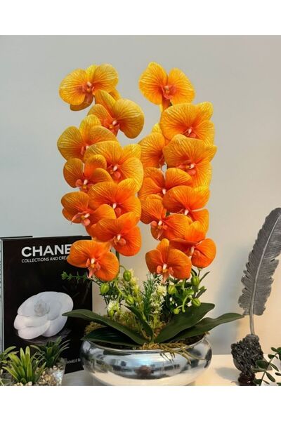 MY LOVE ÇİÇEKÇİLİK Metal Ufo Vazoda Ateş Turuncu 2'Li Islak Dokulu Yapay Orkide