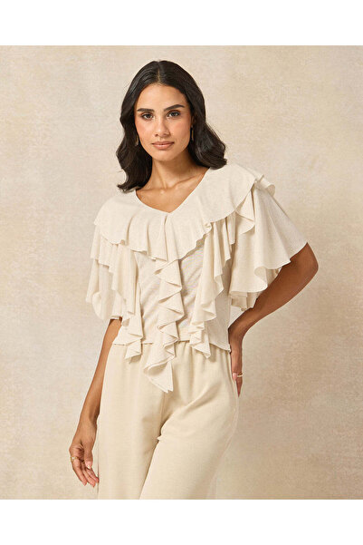 REDTAG Women Beige Ruffle V Neck Jersey Top