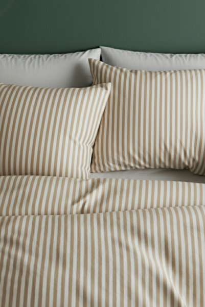 Perotti Natural Ranforce Beige Striped Double Duvet Cover Set 100% Organic Cotton