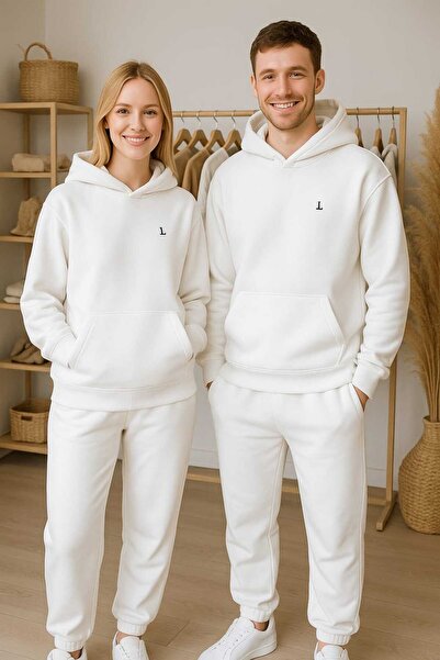 blausee wear Oversize Beyaz Sevgili Çift Kombini Kapüşonlu Sweatshirt Eşofman Takımı 3 İplik-Hoodie Hediye