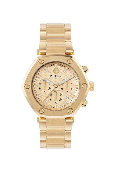 PHILIPP PLEIN ساعة كرونوغراف هيكساغون كرونوغراف للرجال مقاس 42 مم مع سوار من الفولاذ المقاوم للصدأ مطلي بالذهب