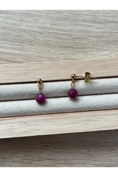 Pel Design Ruby Stone Steel Gold Color Ball Earrings Handcrafted