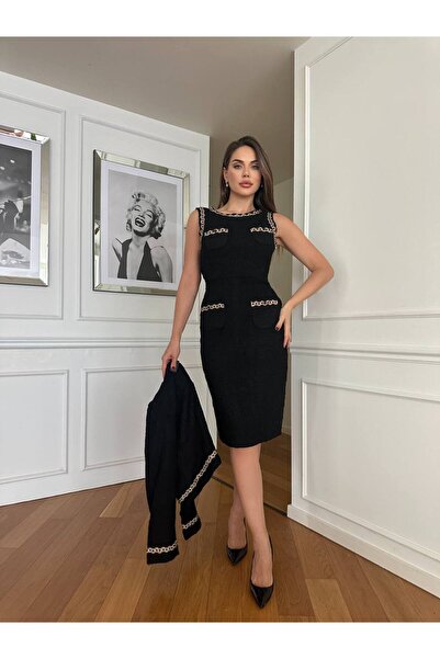 Siseniorita Compleu Elegant, Rochie Midi din Lână Texturată cu Buzunare Decorative și Jachetă Scurtă Asortată