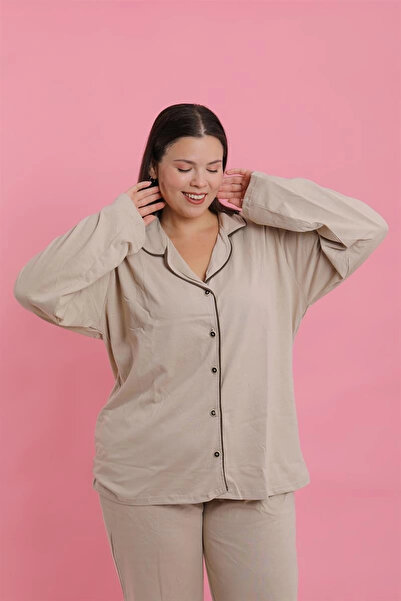 alfa expres Clothing Women's Plus Size Beige Buttoned Pajama Set