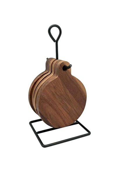 Generic Round Wooden Coaster Set with Metal Stand