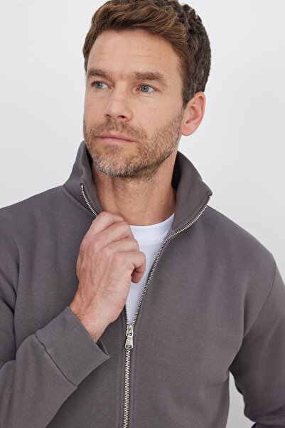 Tudors Unisex Relax Fit Comfortable Cut Cotton Fleece Inside Zippered Gray D Mock Neck Flato Pocketed Sweatshirt Cardigan