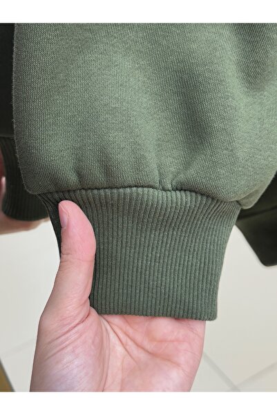 MİHRA STORE Μπλούζα Banu Yandan με οβάλ τσέπες oversized με κουκούλα και τρεις κορδόνια Sweat-ZN1644 Khaki