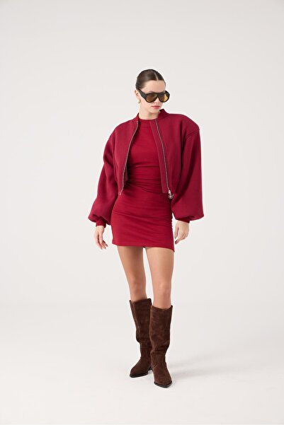 HOLLY LOLLY Crop Cut Shoulder Pad Piece Parker Bomber Jacket Claret Red