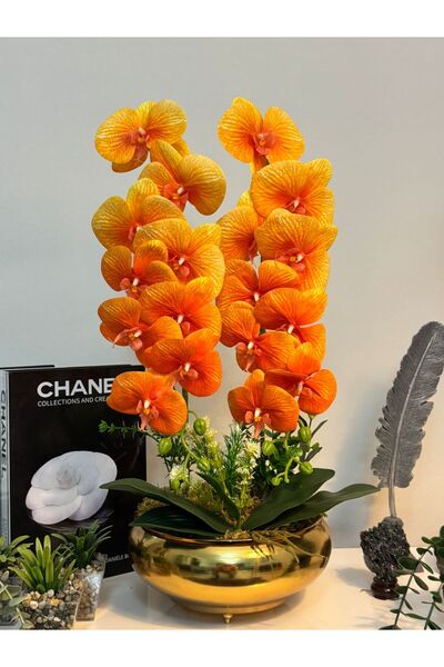 MY LOVE ÇİÇEKÇİLİK Metal Ufo Vazoda Ateş Turuncu 2'Li Islak Dokulu Yapay Orkide