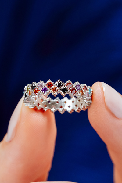 OSMANLI GÜMÜŞ Kadın Gümüş Yüzük - Renkli Zirkon Taşlı Çift Sıra Tamtur Gümüş ...