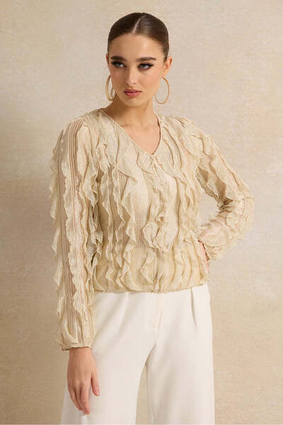 REDTAG Women Beige Ruffled Jersey Top