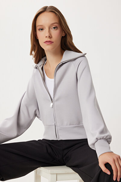 Lovelyİstanbul Hanorac Modal cu fermoar cu guler ridicat LUB0308 GREY STONE