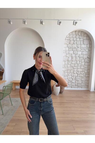 LE CARAMBOLE Women's Black Polo Neck Scarf Short Sleeve Knitwear Sweater