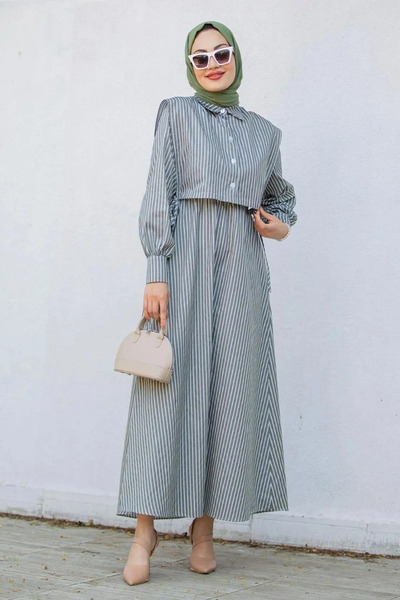 Tesettür Diyarı فستان حجاب قطني منقوش بخطوط وتفاصيل كيبكن - كاكي