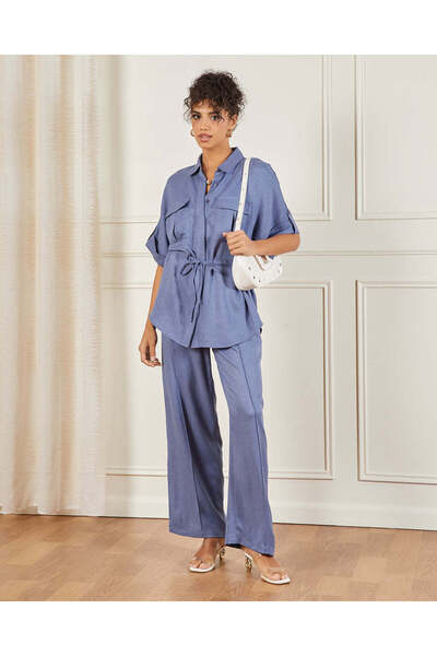 REDTAG Women Blue Button Down Pull On Waist Detailed Blouse