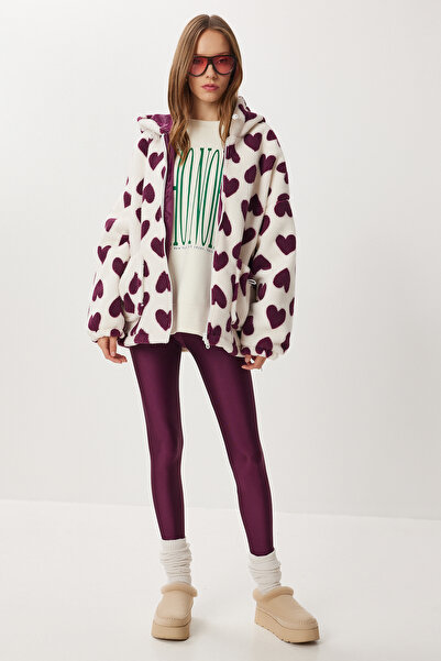 Lovelyİstanbul Плюшено палто с качулка и сърцевиден мотив LRI0005 ЛИЛАВО БЕЖЕ