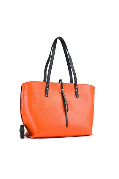 Posete Fagaras Isabelle Leather Purse - Orange - Black, 3 Compartments, 1 Pocket, Adjustable Strap 125 cm