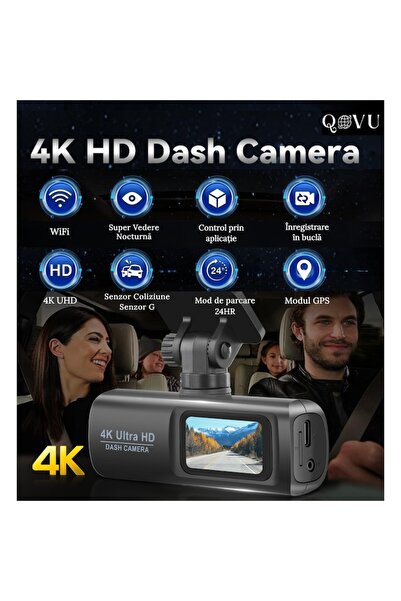 QOVU V22 Dual Dash Camera Full Kit - 4K Front, 1080P Rear/Interior, GPS, 32GB, Wi‑Fi, Parking Moni