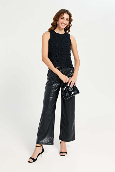 REDTAG Women Black Crochet Front Lined Jersey Top