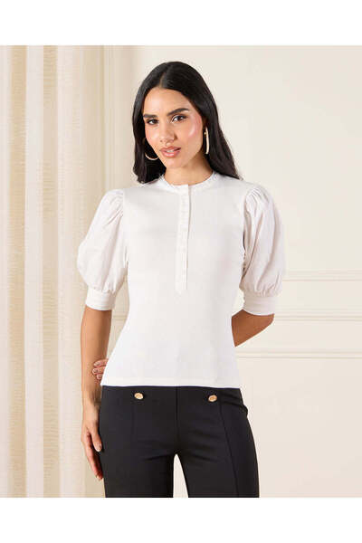REDTAG Women White With Puff Sleeves Top