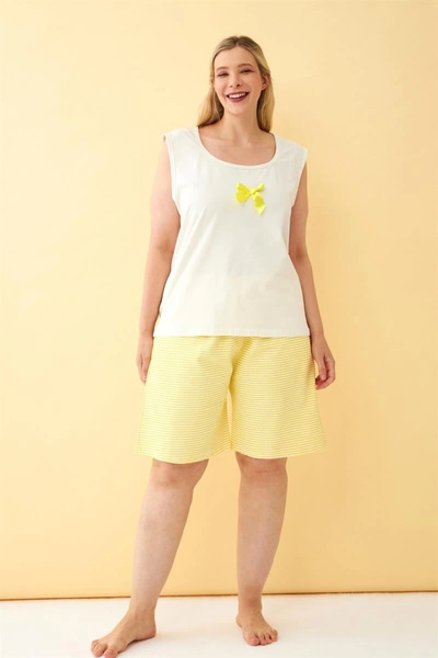alfa expres Clothing Women's White Ribbon Detailed Yellow Striped Shorts Plus Size Pajama Set