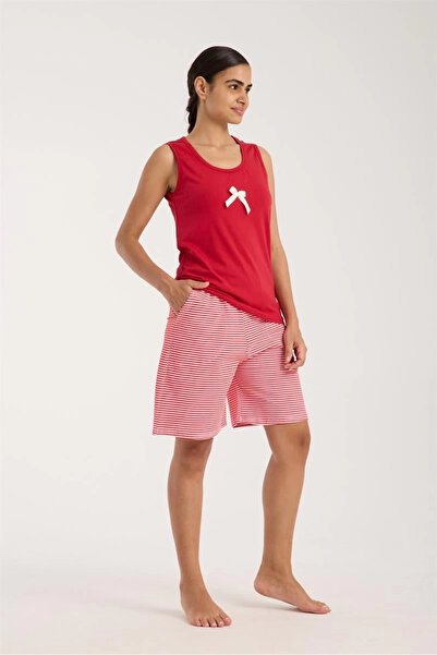 alfa expres Clothing Women's Red Ribbon Detailed Striped Shorts Pajama Set