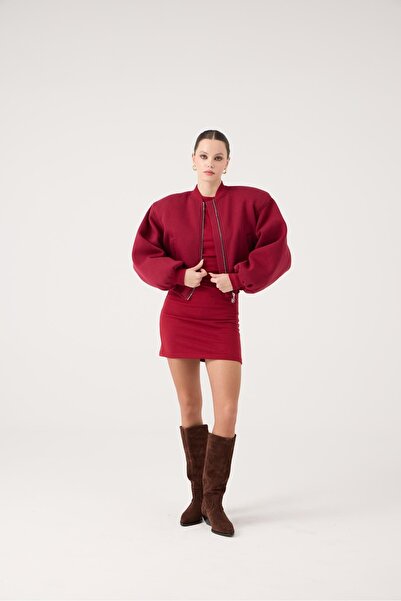 HOLLY LOLLY Crop Cut Shoulder Pad Piece Parker Bomber Jacket Claret Red