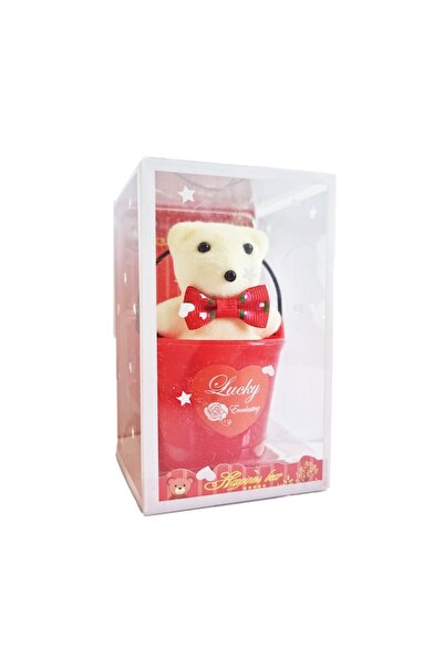 OEM Gift decoration, teddy bear in bucket, Lucky Everlasting, plastic, 10 x 5 cm, red