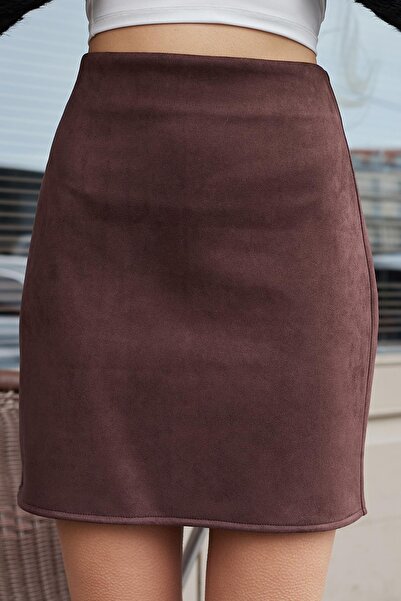 Jument Kadın Likralı Süet Kumaş Hafif Mini Fermuarlı Dİz Üstü Kalem Etek-Kahve