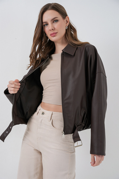 Bigdart Kadın Kemer Detaylı Deri Ceket 1056 - Kahverengi