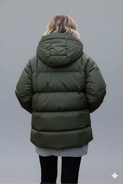 Afri Women's Khaki Hooded Puffer Coat – Oversized Winter Thick Coat – Cold-Proof Puffer Coat